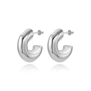 Polished silver hollow C-shaped hoop earrings with minimalist high-gloss mirror finish