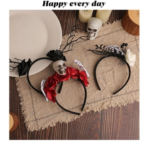 Close-up of Gothic Halloween headbands with black roses and skulls for costume parties