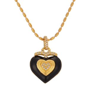 Vintage gold-plated heart pendant necklace with black enamel and sparkling crystals