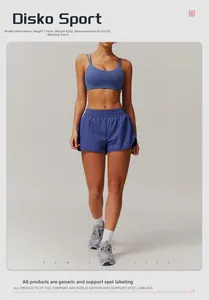 Detail view of high-waisted yoga shorts and cross-back sports bra set in navy blue