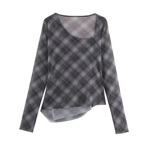 Women's asymmetrical plaid mesh long sleeve top and skirt set in grey tones
