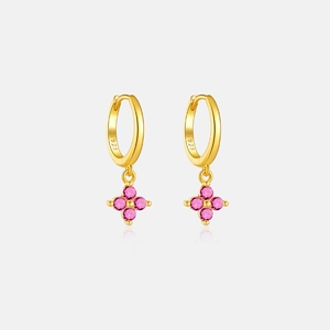 Detailed view of S925 silver gold-plated hoop earrings with pink flower pendant charms