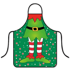 Christmas elf themed waterproof apron featuring festive green and red holiday patterns