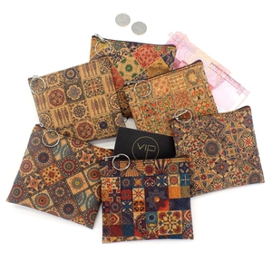Vintage cork fabric coin purses with mandala patterns and silver zipper closure