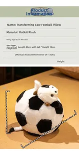 Detailed size comparison of plush cow football toy with faux rabbit fur material
