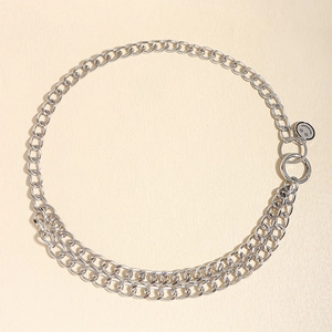 Silver metal chain belt with round charm and ring buckle on beige textured background