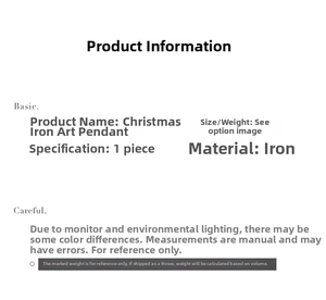 Detail specifications for iron Christmas tree ornaments showing material and size details