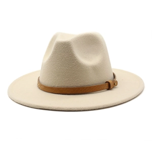 Detail of beige wool fedora featuring a brown snakeskin leather band and metal buckle
