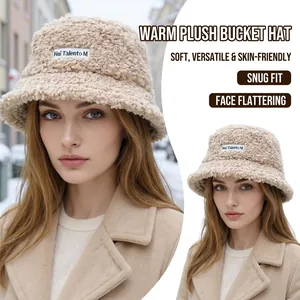 Winter faux lamb wool bucket hat in beige with teddy plush fabric and logo patch for women