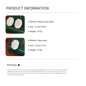 Detailed chart showing oval resin earring dimensions and materials with zircon accents