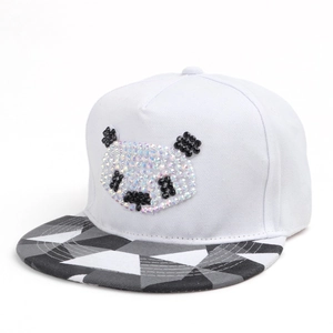 White snapback cap with rhinestone panda and geometric color-block flat brim hat