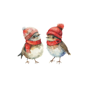 Watercolor Christmas window stickers featuring two birds in red scarves and winter hats