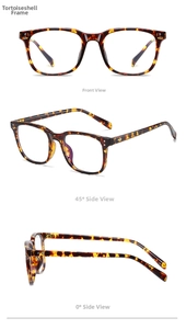 Detail view of tortoiseshell TR90 square eyeglass frames with metal rivet accents