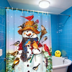 Waterproof Christmas shower curtain featuring a winter snowman and colorful birds design