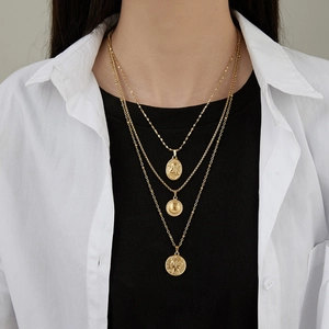 Three-layer vintage 18K gold plated titanium necklace with coin pendants and portrait charms