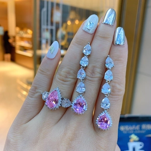 Luxury pear-cut pink zircon ring and drop earrings set in silver-tone metal for women