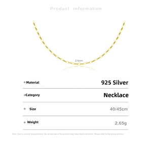 Detailed product specs of S925 sterling silver 2.5mm flat chain necklace in golden finish