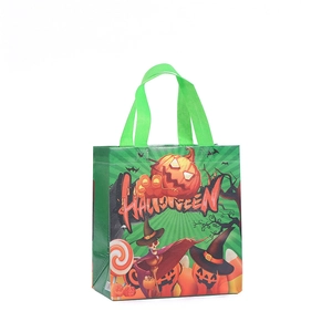 Green and orange Halloween non-woven tote bag with cartoon pumpkin and wizard design