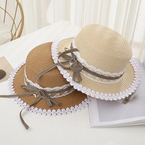 Women's Handwoven Straw Hat Summer Sun Hat With Lace Trim And Plaid Ribbon Bow Flat Top Short Brim Breathable Beach Hat