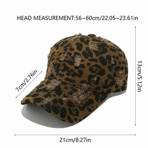 Detailed size chart for the leopard print baseball cap with distressed hole details
