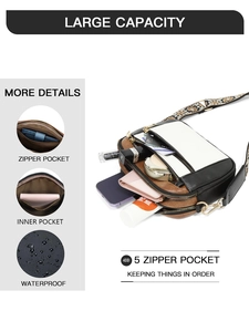 Detail of color-block crossbody bag showing five zipper pockets and waterproof PU material