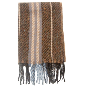 Detail view of woven brown and blue striped scarf with fringe edges on white background