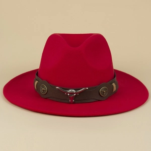 Red wool fedora hat with brown leather band and silver bull head metal ornament