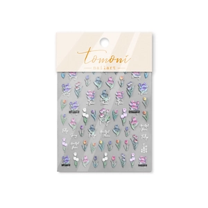 Autocollants nail art 3D tulipes en violet et rose avec motifs floraux et texte printanier