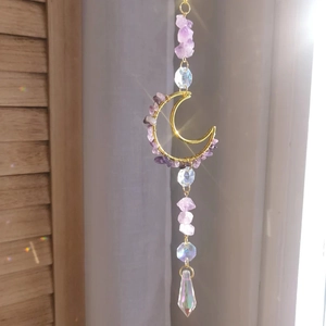 Crystal Suncatcher Moon Hanging Ornament Natural Crushed Stones Prism Rainbow Maker Decoration For Garden Window Home