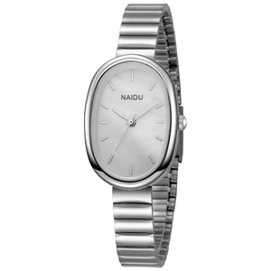 Detailed close-up of oval silver steel watch band and minimalist dial with logo