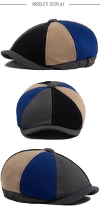 Vue en trois angles d'une casquette gavroche rétro en patchwork de sergé de coton
