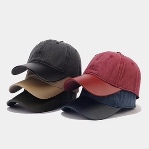 Retro Washed Cotton Baseball Cap With Leather Brim Contrast Color Soft Top Fashion Sunshade Hat For Men Women