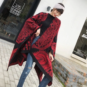 Ethnic style red and black geometric knit poncho cape shawl for women travel wrap