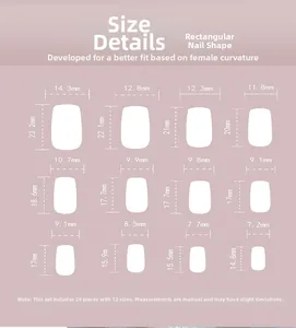 Size chart detail showing 24pcs blue purple gradient rectangular press-on nails measurements