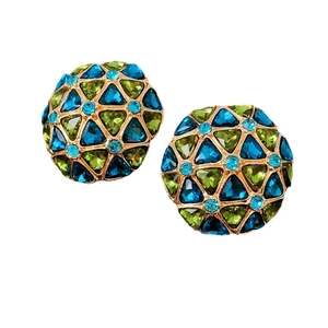 Vintage gold earrings with blue and green crystals in a geometric dome design