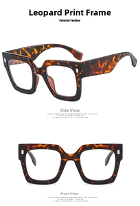 Macro detail of oversized square leopard print eyewear frames with blue light lens