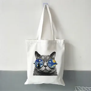Artistic white canvas tote bag with creative sunglasses cat and Starry Night print