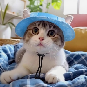 Blue checkered pet sun hat with ear holes and adjustable cord for cats and dogs