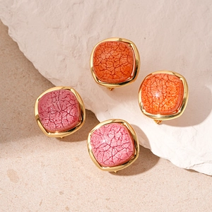 Vintage textured resin square stud earrings in orange and pink with gold finish frames