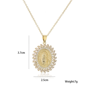 Detail view of Virgin Mary oval pendant necklace with dimensions 3.7cm by 2.5cm