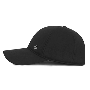 Winter wool baseball cap with metal R logo and ear flaps for warmth in black color