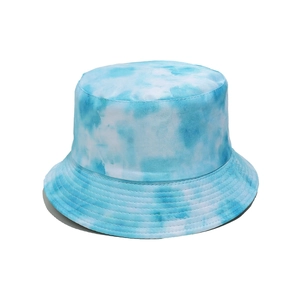 Detailed view of blue and white tie-dye bucket hat with reinforced brim stitching