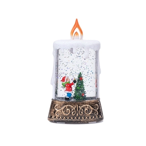 Lanterna natalizia luminosa a candela con Babbo Natale e albero su base in bronzo