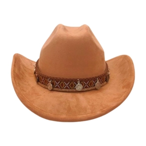 Western khaki felt cowboy hat with ethnic braided band and vintage metal coins