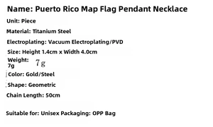 Spécifications du collier pendentif carte Porto Rico avec chaîne 50cm et dimensions précises