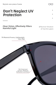 Detail of TR90 frame and TAC polarized lenses on fashionable square sunglasses