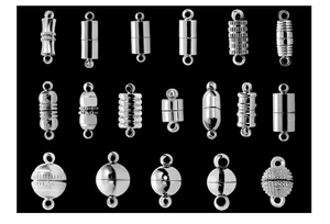 Detailed grid of silver cylindrical and spherical magnetic clasps for DIY jewelry making