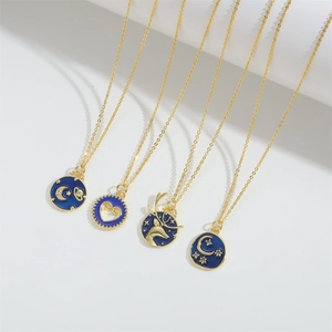 Retro gold necklaces with blue enamel moon, heart and star pendants for women