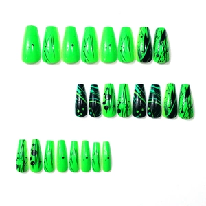 Neon green coffin press-on nails with 24 pieces of black abstract stripe and dot patterns