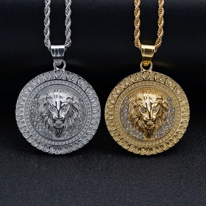 Hip Hop 316L Edelstahl Löwenkopf Anhänger Halskette Strass Eingelegt Sonnenflamme Medaillon Gold Silber Herren Schmuck